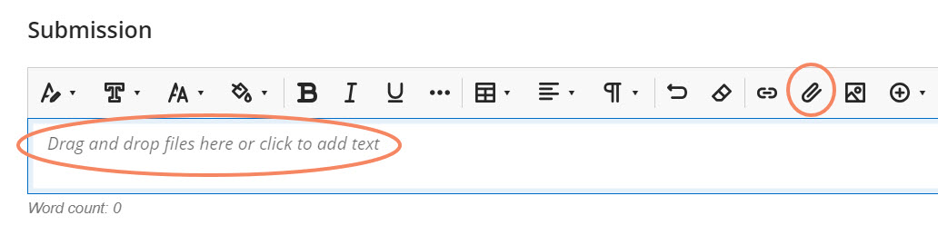 Screenshot indicating the need to either click on the attach file icon which is represented by a paperclip image, or to click and drag the file into the text editor