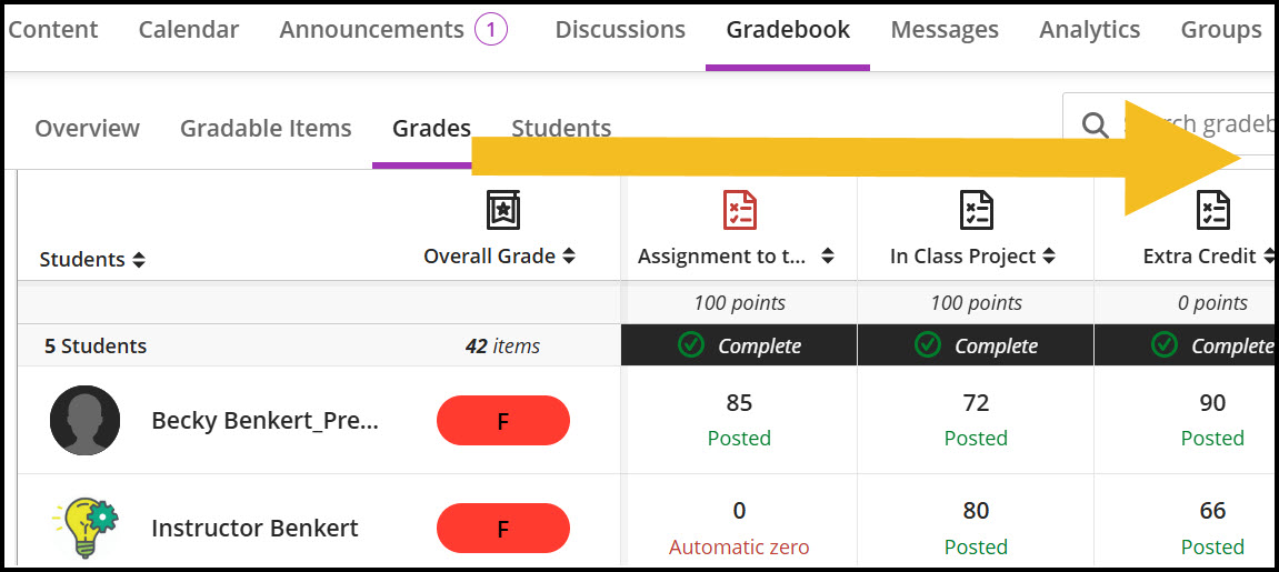 Screenshot of assessment columns on the Grades view