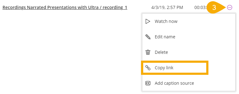 Recording Options next to listing displays the copy link button