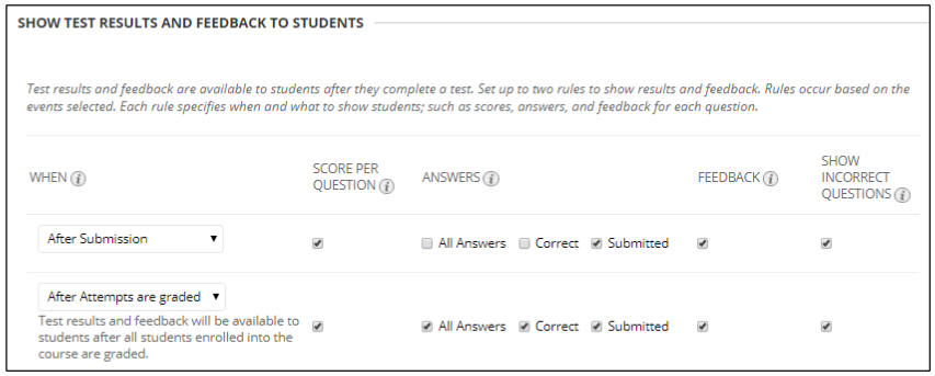 Show Test Results and Feedback to Students Section