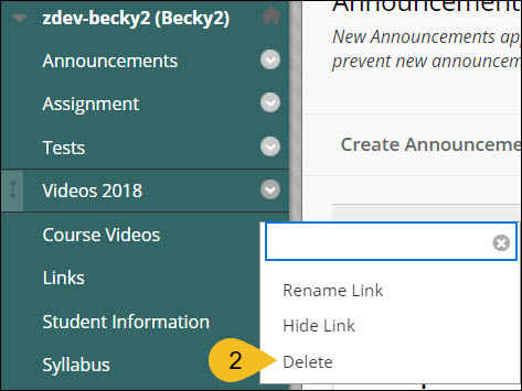 Screenshot of delete course menu item step 2