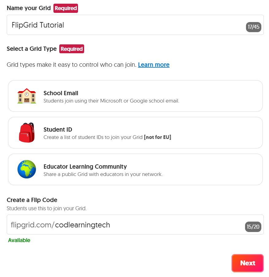FlipGrid Grid creation window and options