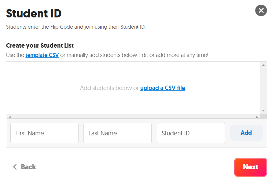 FlipGrid Student ID cretion screen