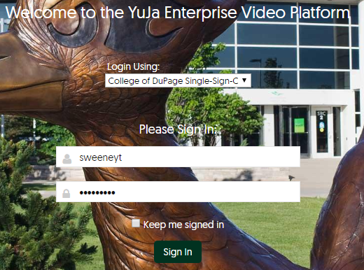 Yuja login screen with username example filled in