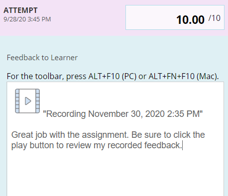 Feedback to learner window with the recorded feedback icon