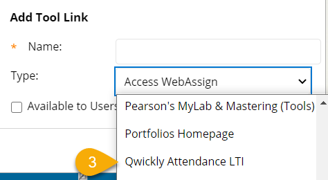 Add tool link menu with Qwickly Attendance LTI highlighted