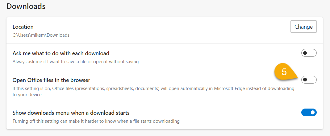Microsoft Edge Download settings screen.